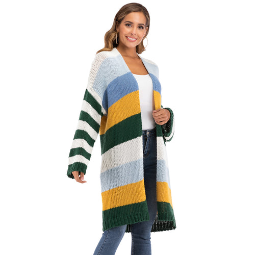 Women's Spring Knitting Cardigan Casual Long Joint Contrast Color Striped Oversize Knitted Sweater Cardigan Patched Outwear - Super Vip Store